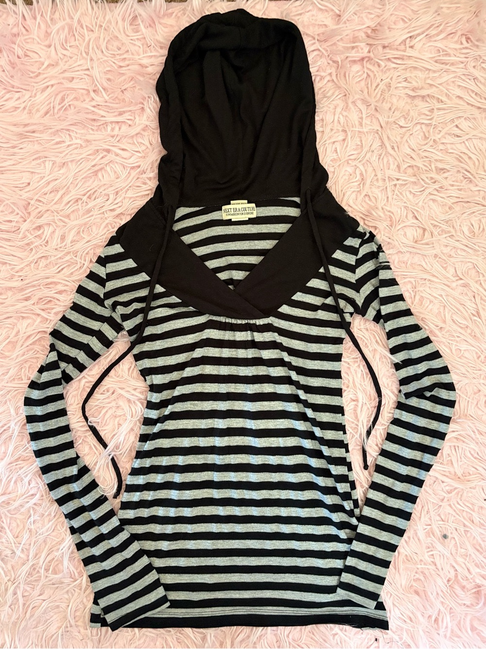 Black & Gray Striped Hooded Long Sleeve Top
